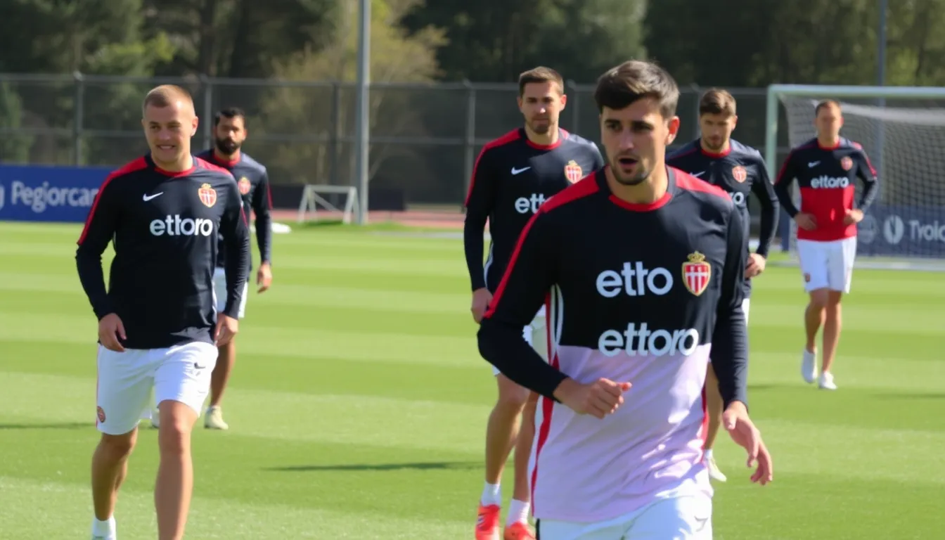 AS Monaco players proudly displaying their jerseys featuring eToro's branding, symbolizing the strengthened visibility of the trading platform among the club's global fanbase