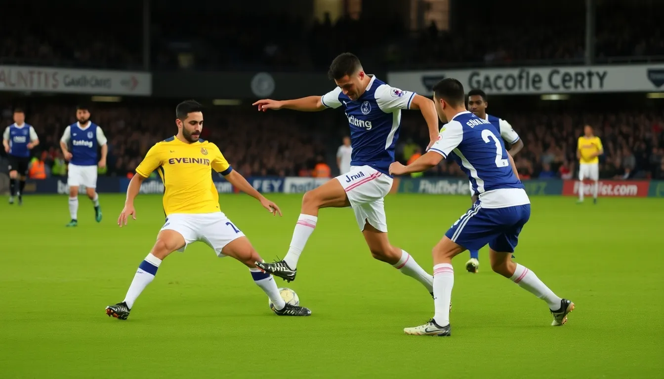 Fans of Everton and Leeds United passionately support their teams from the stands, creating an electric atmosphere at Goodison Park