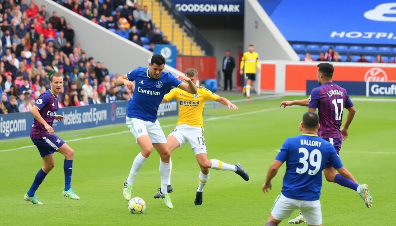 A tense moment on the pitch as players from both teams engage in a fierce battle for possession during the closely contested match
