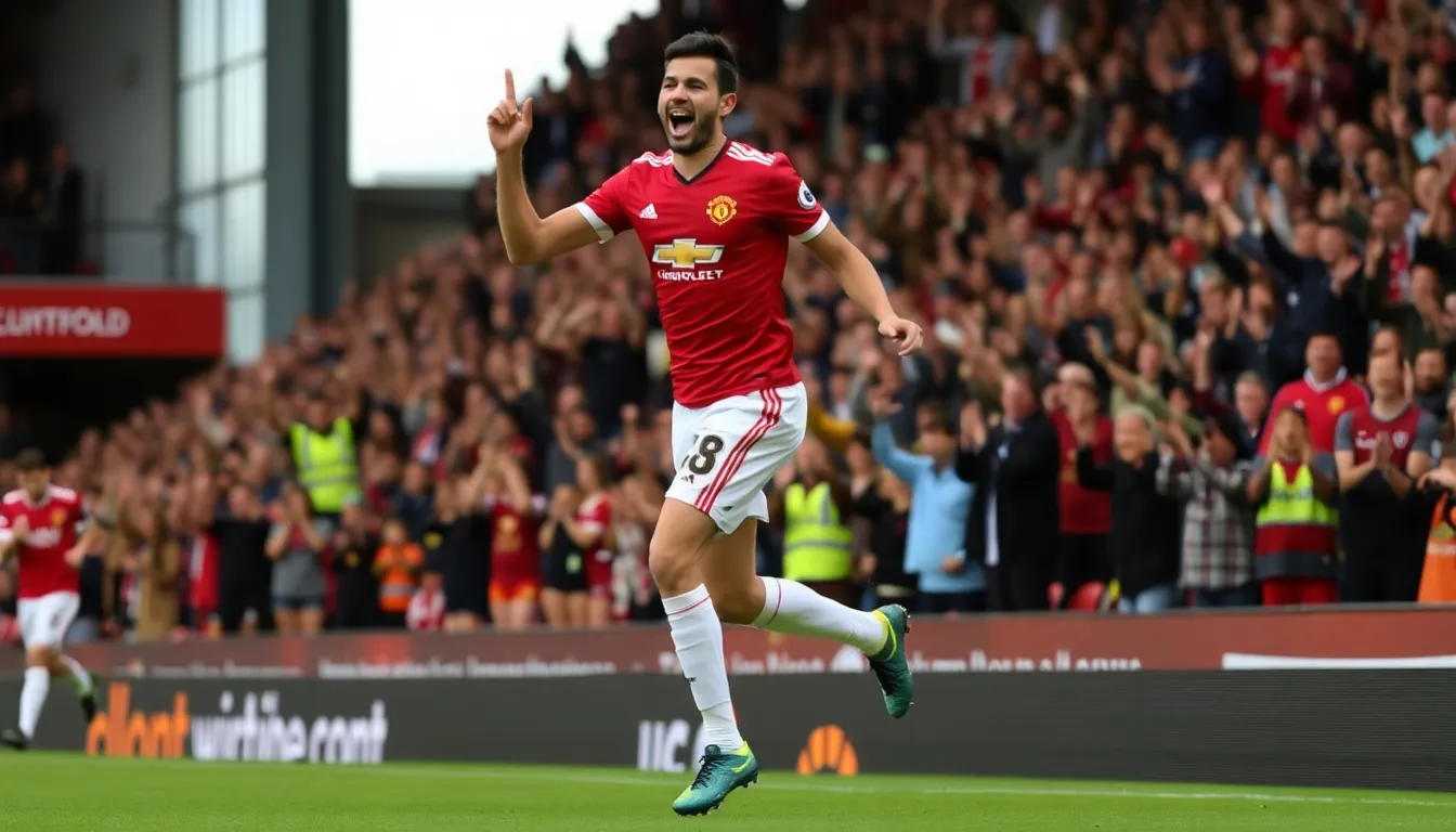 Bruno Fernandes celebrates with teammates after scoring a goal during Manchester United's 31 victory against Arsenal at the Emirates Stadium.