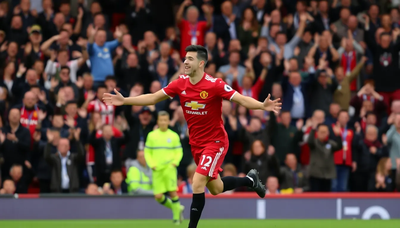 Manchester United players congratulating Fernandes after his assist, highlighting team unity and morale