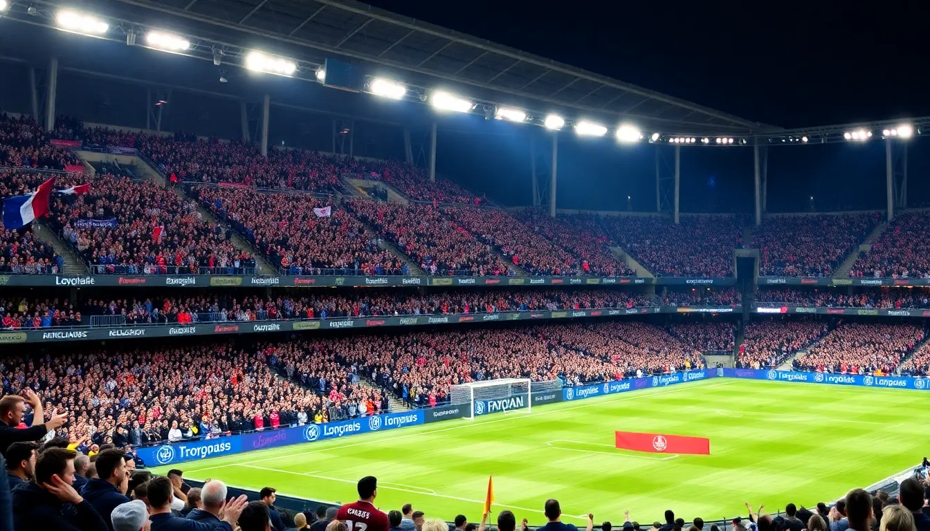 Fans gather in front of the stadium, excitedly discussing the upcoming match and enjoying the festive atmosphere created by local vendors and entertainment