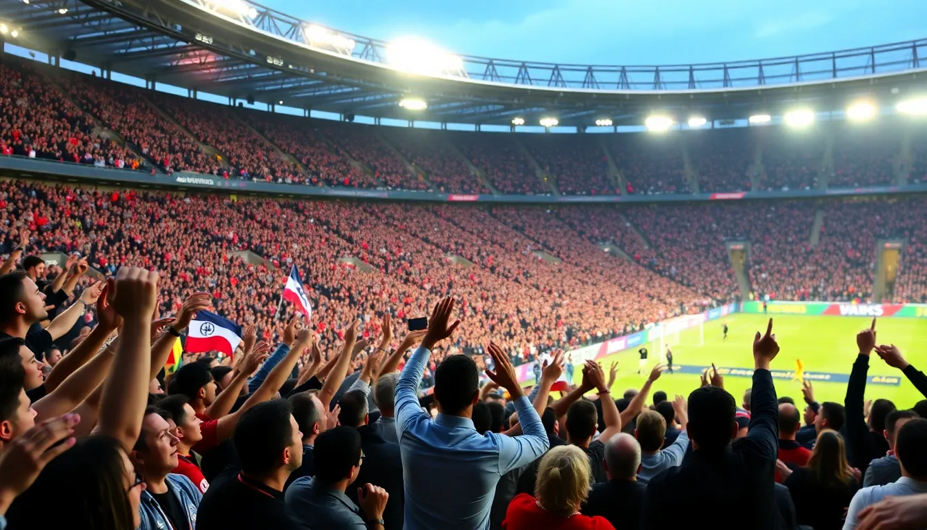 A vibrant crowd fills the stands at a Ligue 1 match, showcasing the excitement and energy of fans as they cheer for their teams.