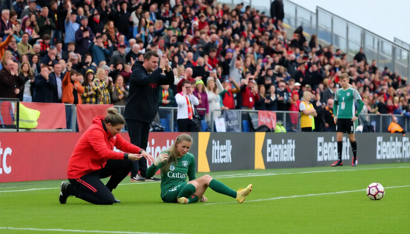 A goalkeeper stands at the edge of the penalty area, delaying a goal kick as players from both teams display visible frustration during a tense Women's Super League match.