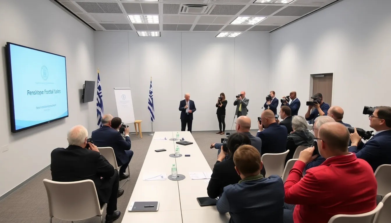 A group of football officials and club representatives gather around a table, discussing the details of the Renaissance plan aimed at reforming Greek football amidst ongoing challenges.
