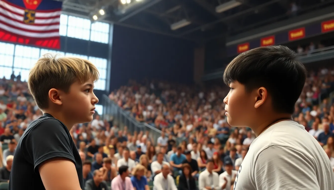 A vibrant crowd cheering enthusiastically from the stands, captivated by the intense final between Littler and Van Veen