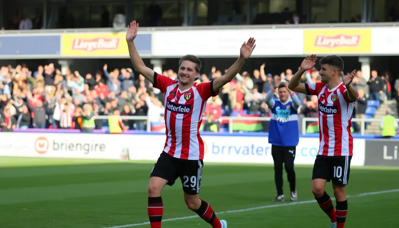 Jensen celebrates with teammates after scoring a goal during Brentford's 30 victory over Sheffield Wednesday in the FA Cup third round at Brentford Community Stadium.