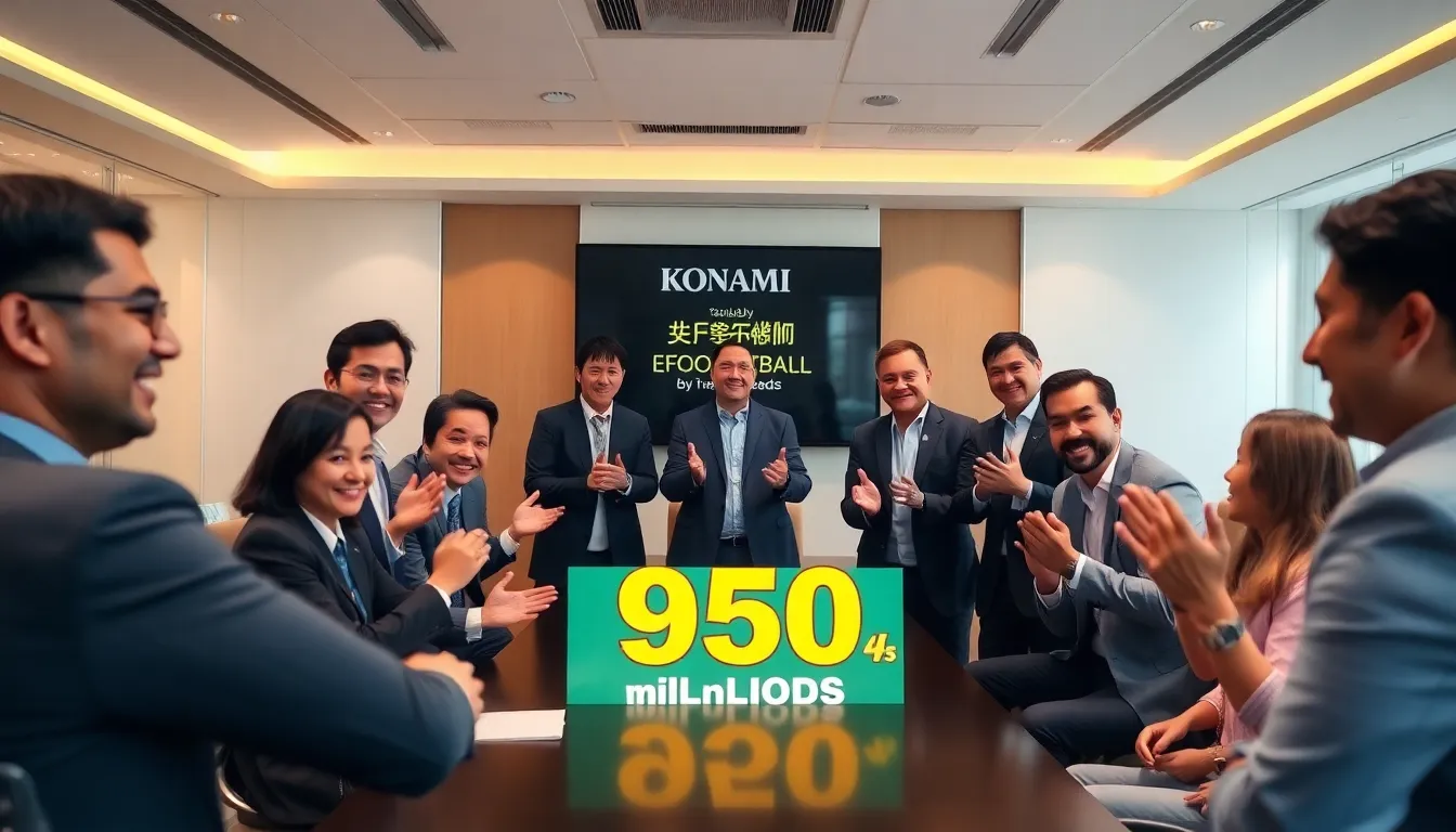 A crowd of enthusiastic gamers gathers around screens displaying gameplay from Konami's eFootball, celebrating the announcement of over 950 million downloads.