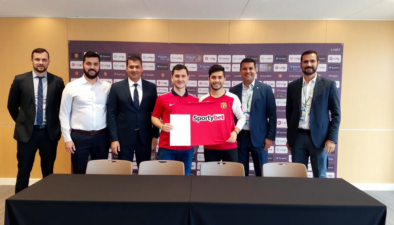 LaLiga executives and representatives from SportyBet shake hands during the announcement of their new partnership aimed at expanding LaLiga's presence in Brazil.