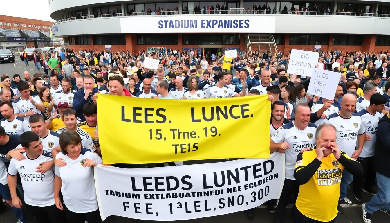 A crowd of enthusiastic Leeds United fans gathers outside Elland Road, celebrating the recent approval for the stadium's expansion to accommodate more supporters.