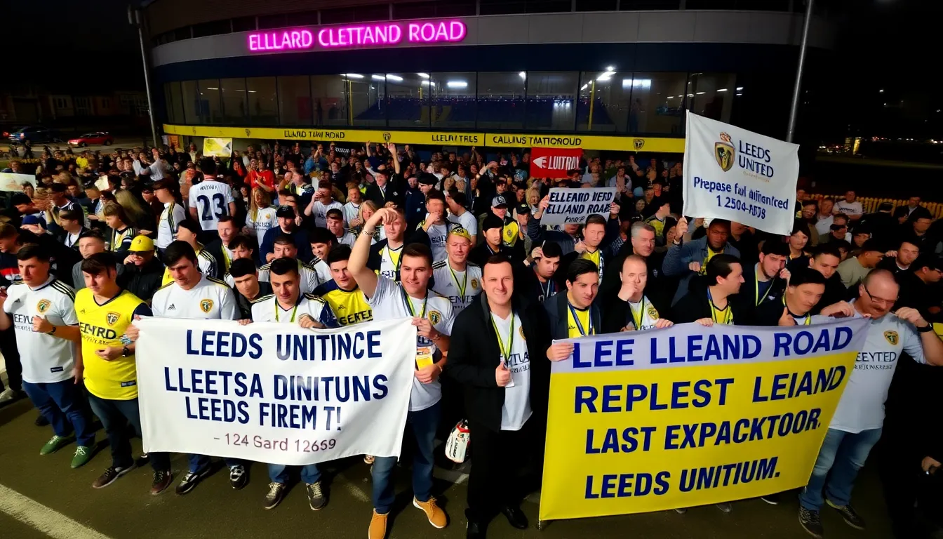 A bustling matchday scene at Elland Road illustrates the strong community spirit and the excitement surrounding Leeds United's future expansion project