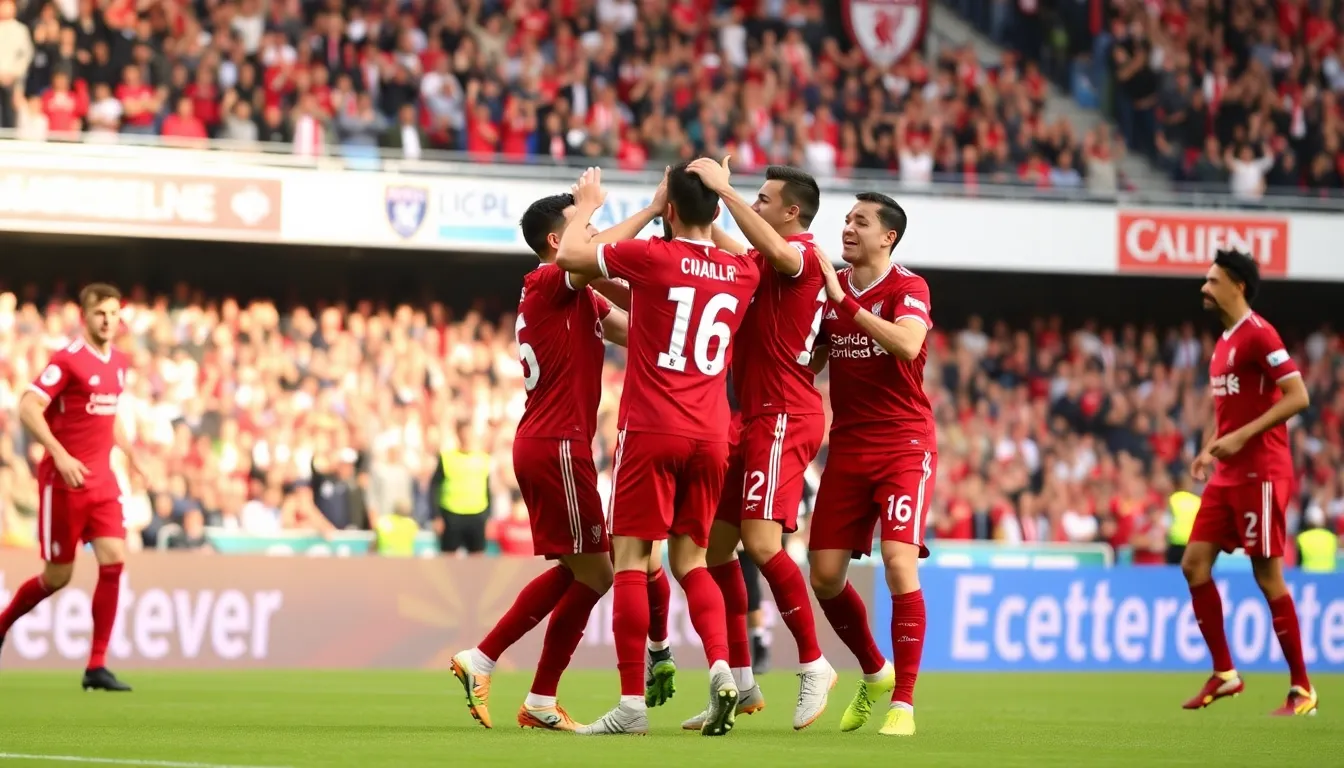 Liverpool players celebrate enthusiastically on the pitch after securing a 30 victory against Marseille in the UEFA Champions League at Anfield.