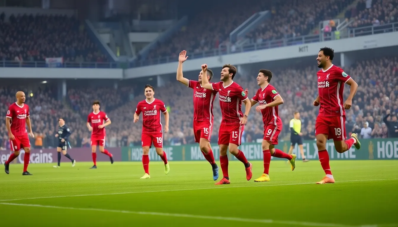 Fans at Anfield passionately cheering and waving flags, creating an electrifying atmosphere as Liverpool secures a vital victory in the tournament