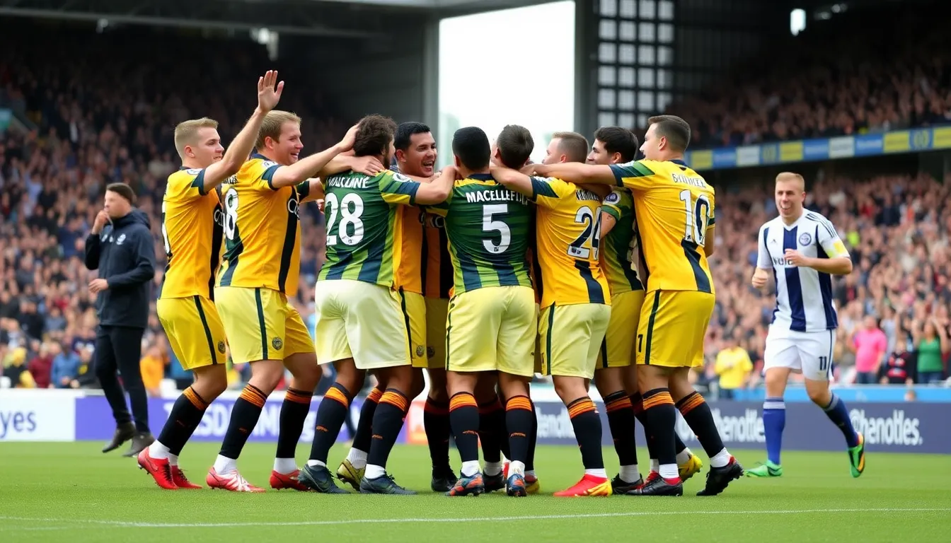 Macclesfield Town players celebrate enthusiastically after scoring the winning goal against Crystal Palace in a dramatic FA Cup match at Moss Rose.