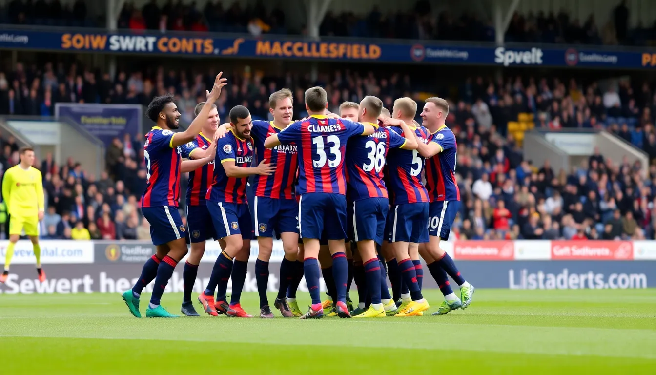The ecstatic home crowd erupting in cheers as Macclesfield secures the winning goal in the second half, illustrating the thrill of the FA Cup upset