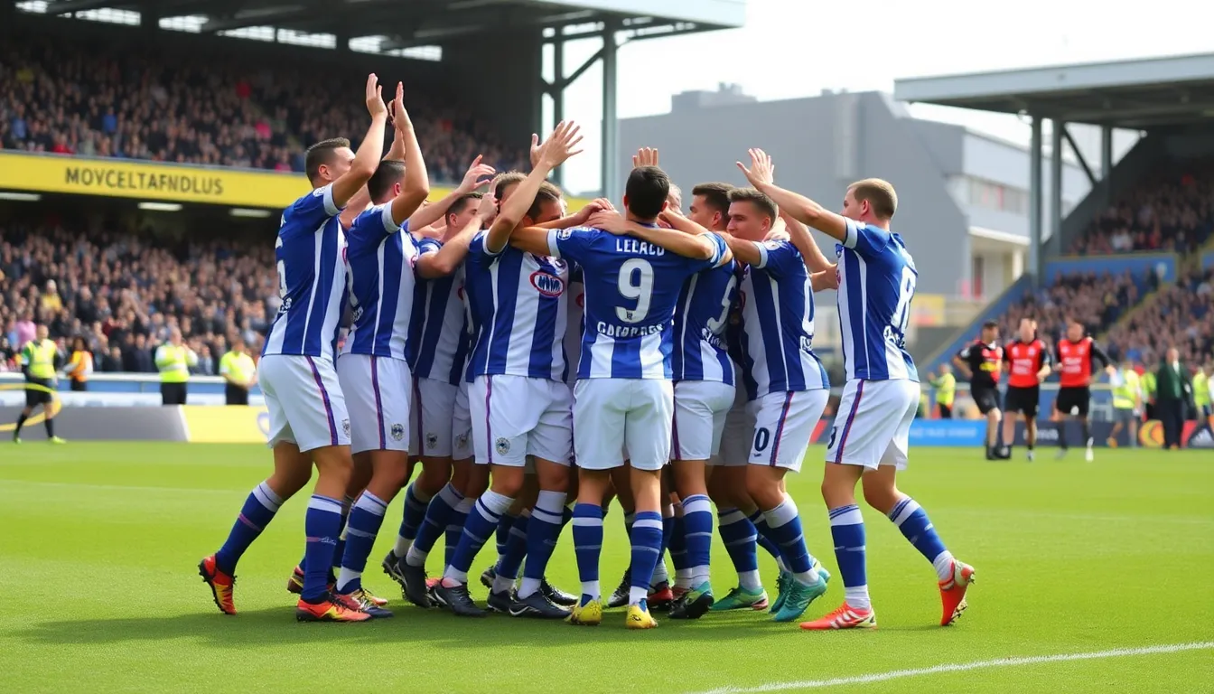 A dramatic moment captured as Macclesfield's players embrace in joy after defeating Crystal Palace, symbolizing the triumph of underdogs in football