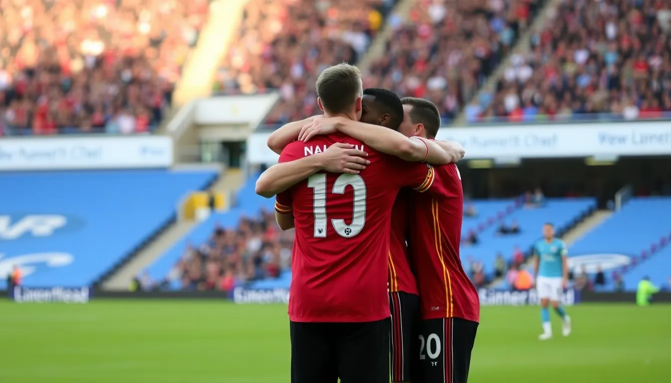 Manchester United players celebrate after scoring the second goal during their 20 victory over Manchester City at Old Trafford.