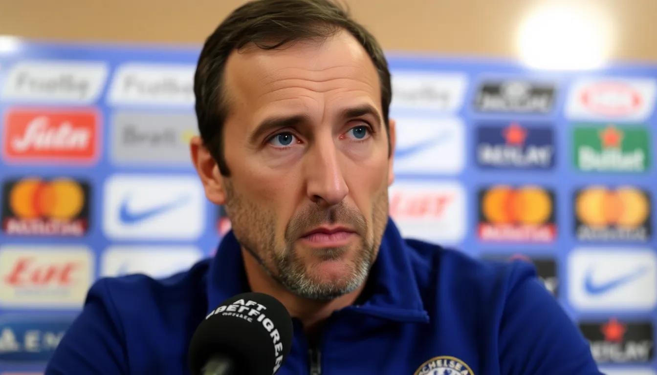 Enzo Maresca stands on the sidelines during a tense Premier League match, visibly concerned as Chelsea struggles to maintain possession against their opponents.