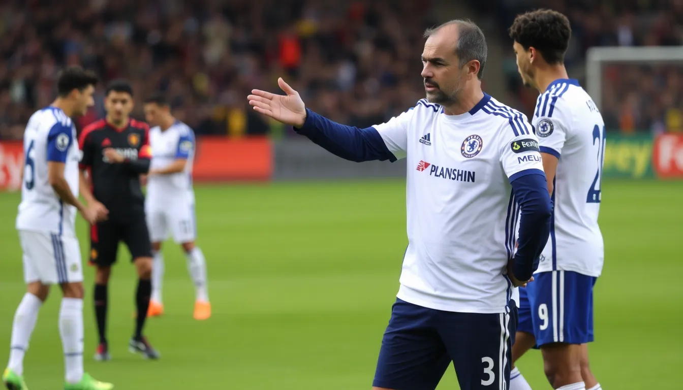 Chelsea head coach Enzo Maresca gestures from the sidelines during a tense match, with players engaged in a heated exchange on the field.