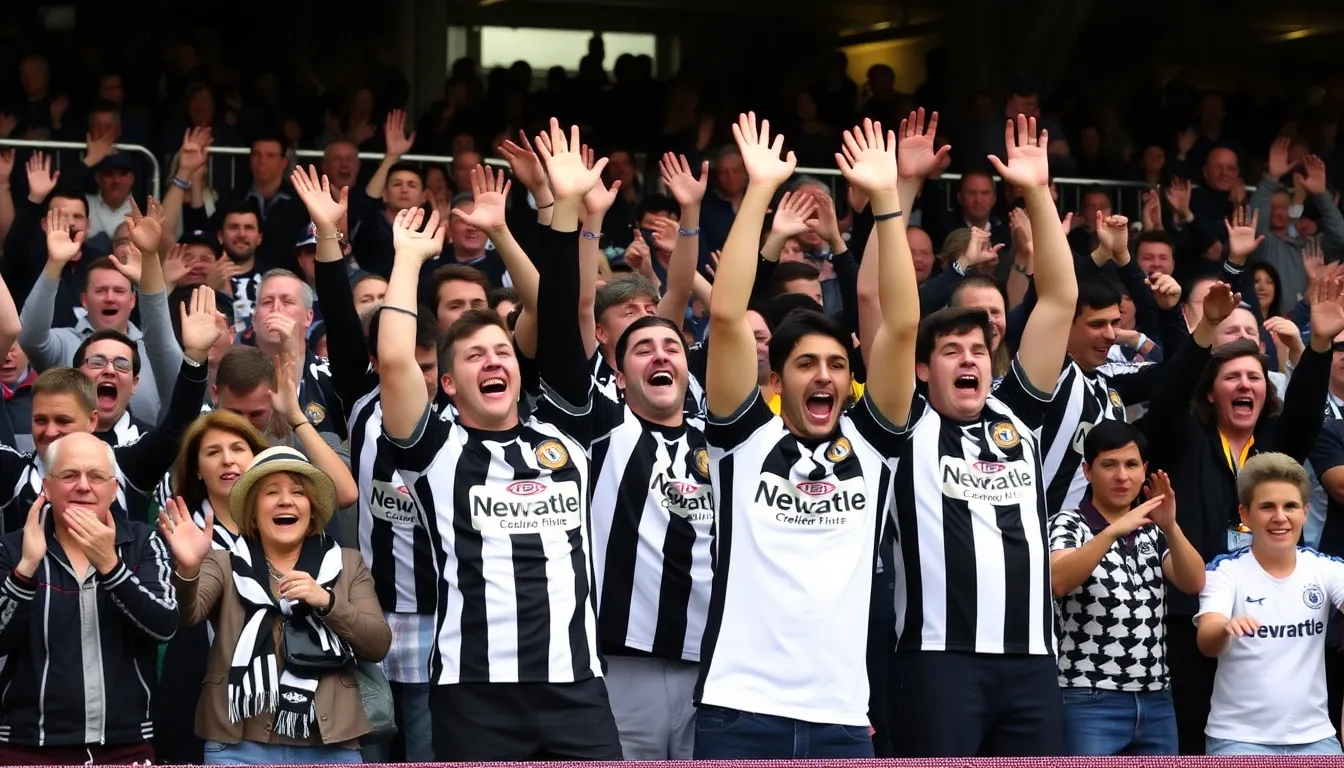 Fans of Newcastle erupt in joy, waving flags and chanting in celebration of their team's thrilling victory over Leeds