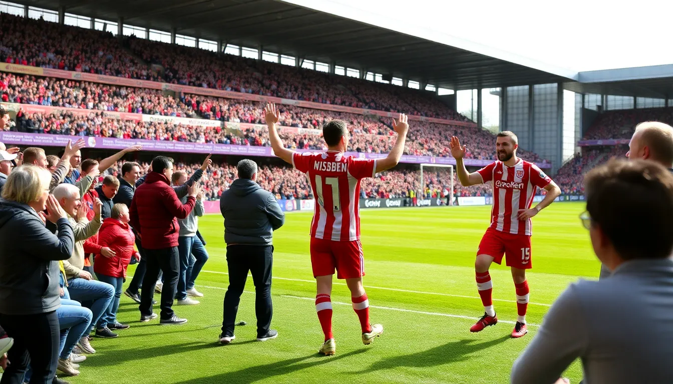 Aberdeen players celebrate on the field after securing a decisive victory, with Nisbet and Keskinen prominently featured among the jubilant team members.