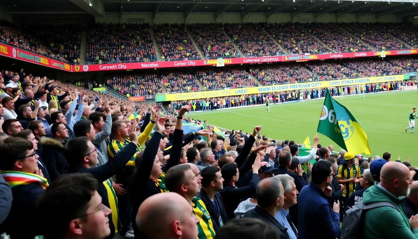Fans fill Carrow Road, waving scarves and chanting as they eagerly await the kickoff of the Championship match between Norwich City and Coventry City.