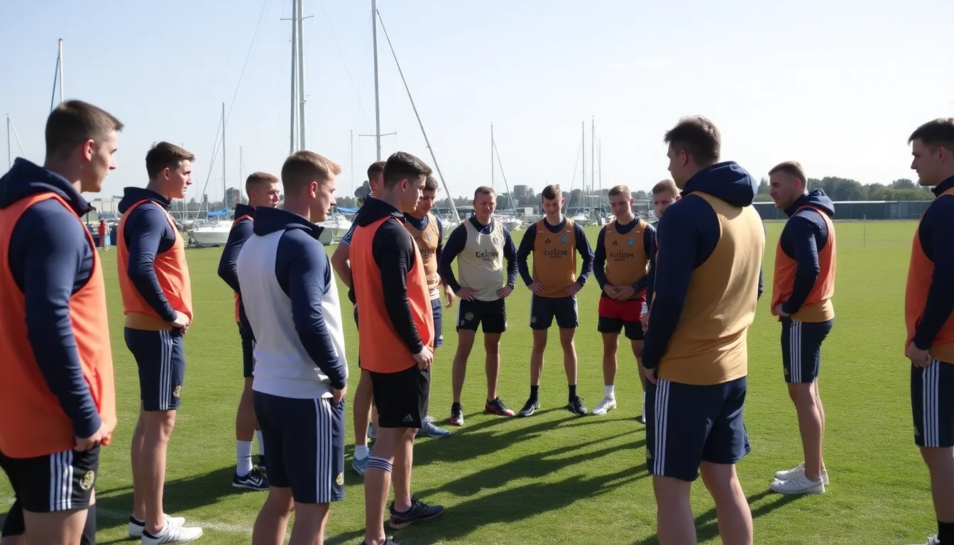 Portsmouth players engaged in a tactical discussion during their training session, preparing for the upcoming match