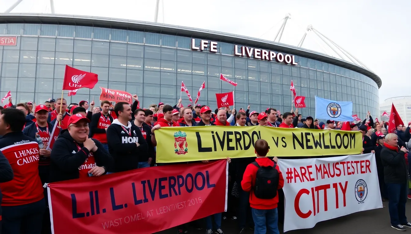A vibrant scene outside a stadium with fans gathering, reflecting the intense emotions tied to their team's performance and its impact on local businesses