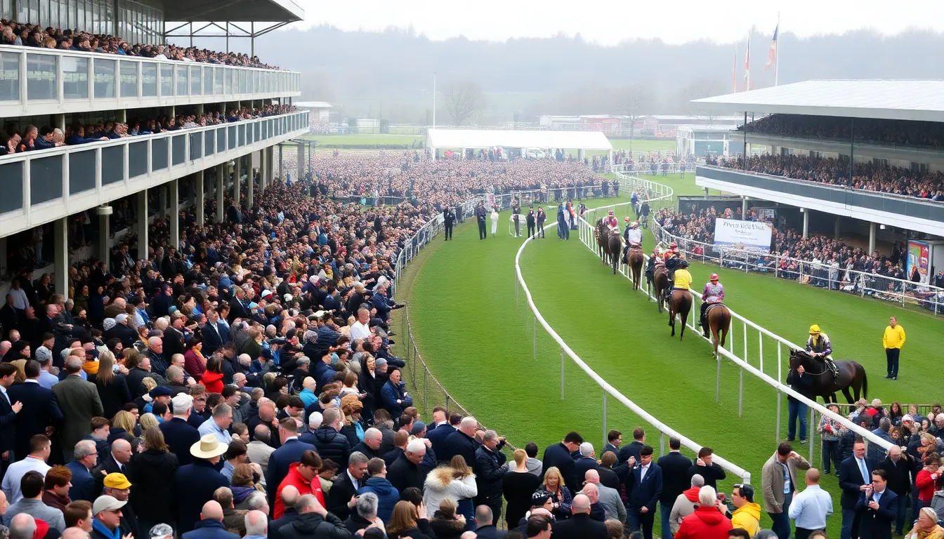 Spectators cheer enthusiastically from the grandstand as the horses thunder down the allweather track during one of the exciting races