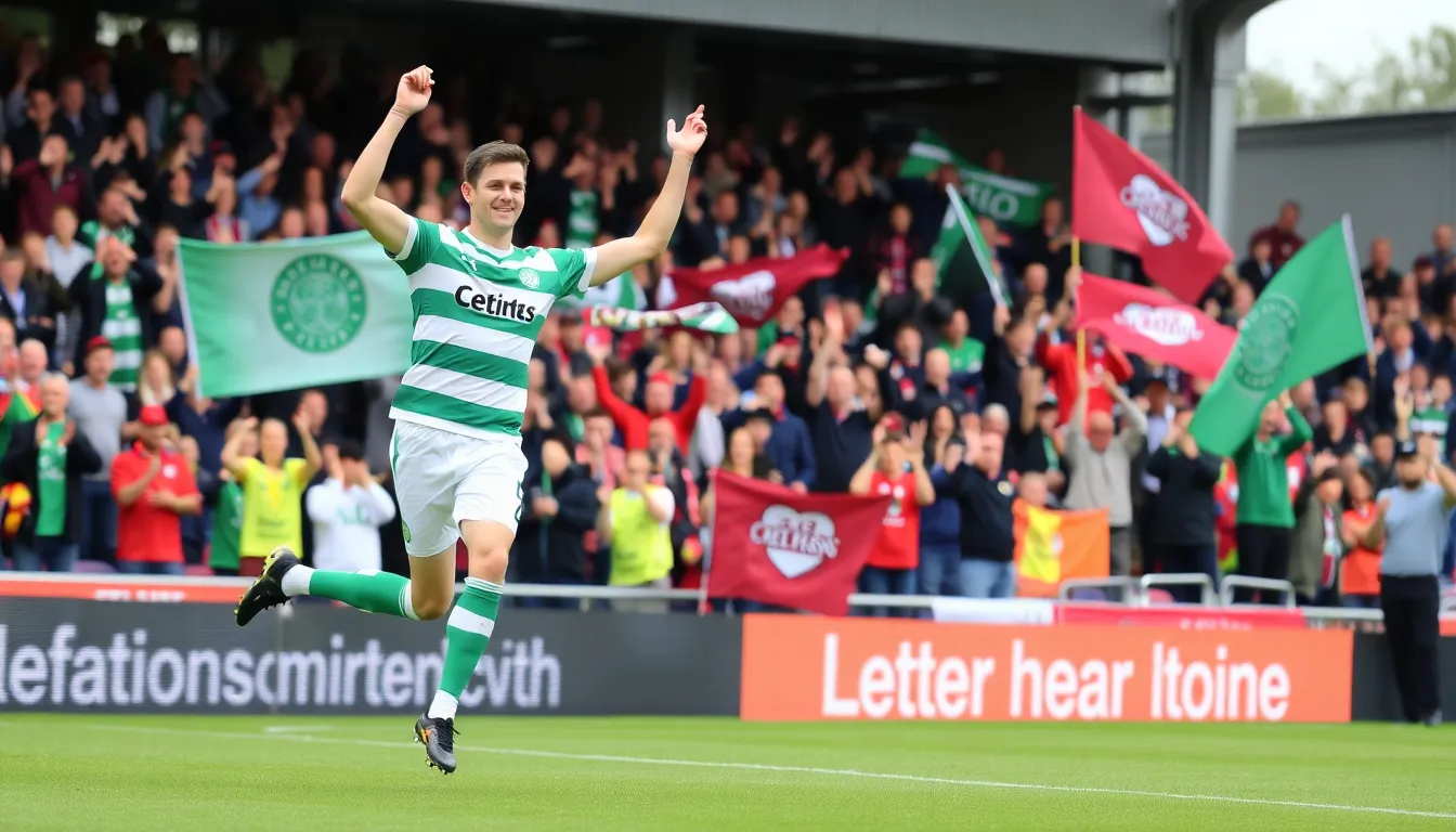 Celtic players celebrate after scoring a goal during their 30 victory against St. Johnstone in the Scottish Premiership match on October 21, 2023.