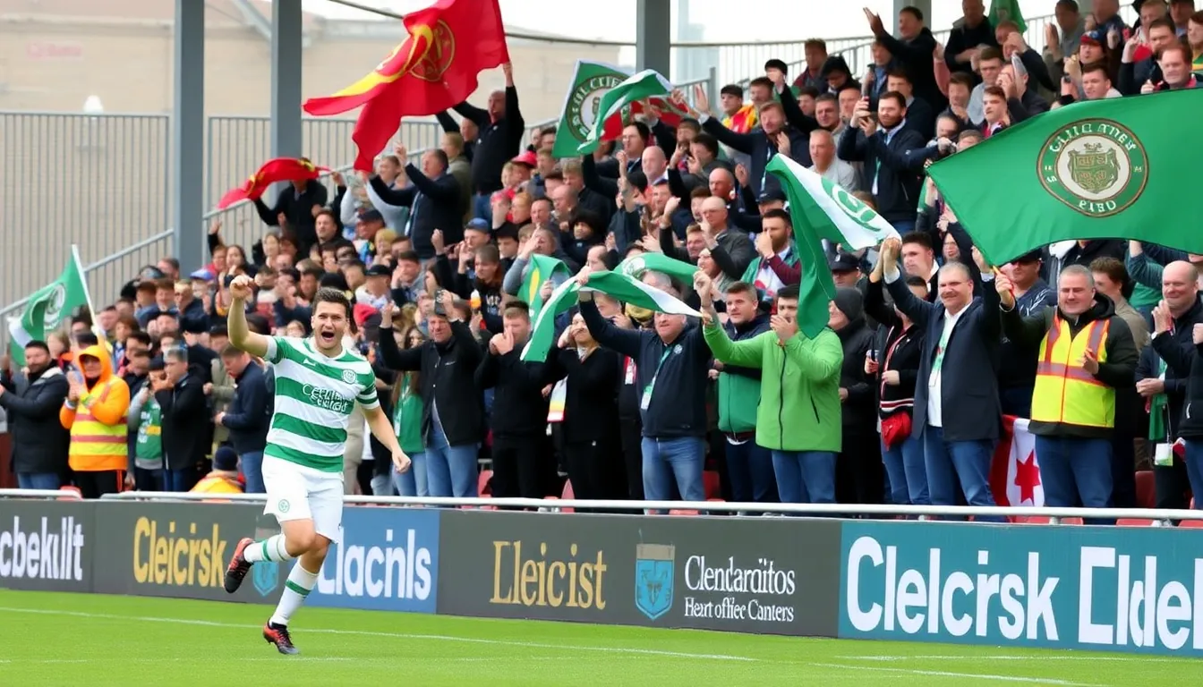 Fans passionately cheering for Aberdeen and Hearts during their matches, highlighting the competitive spirit as both teams vie for European qualification