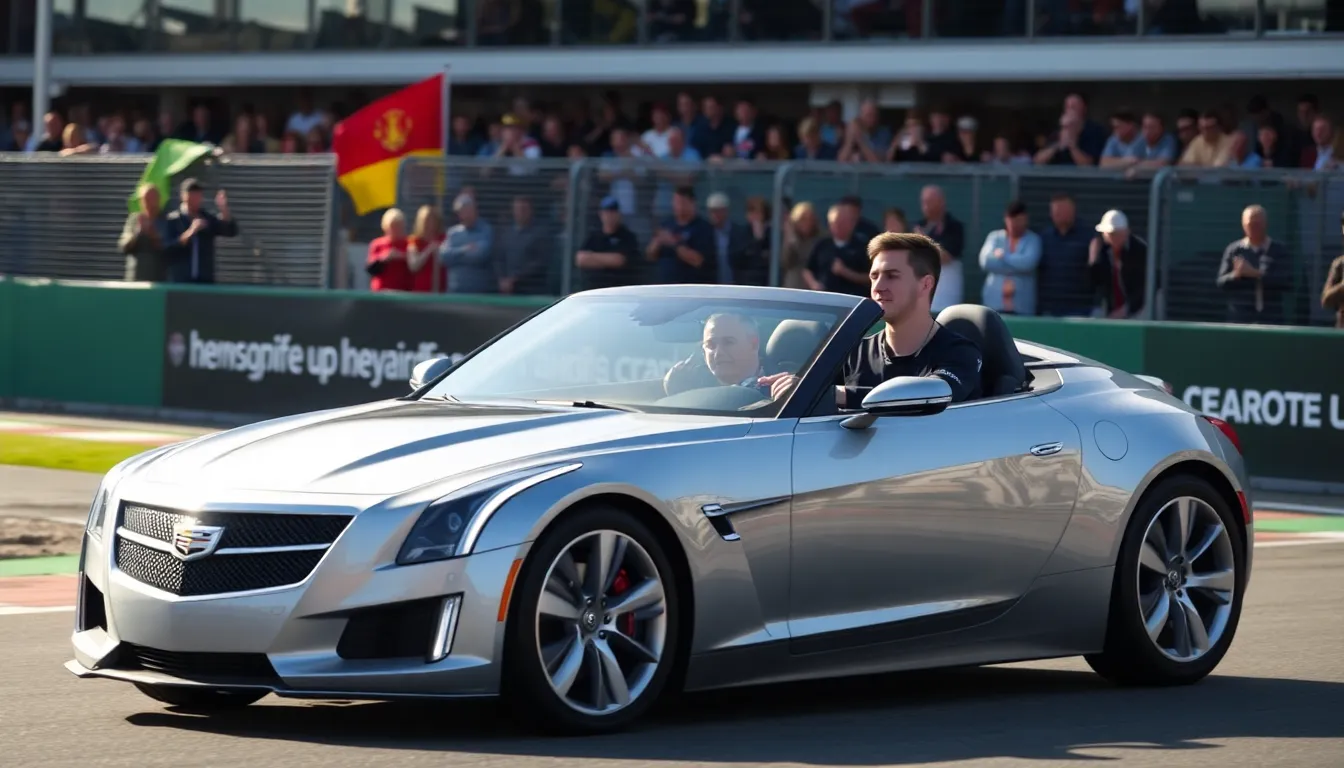 Sergio Perez drives the first Cadillac car during a historic exhibition race at Silverstone, surrounded by enthusiastic fans and media capturing the moment.