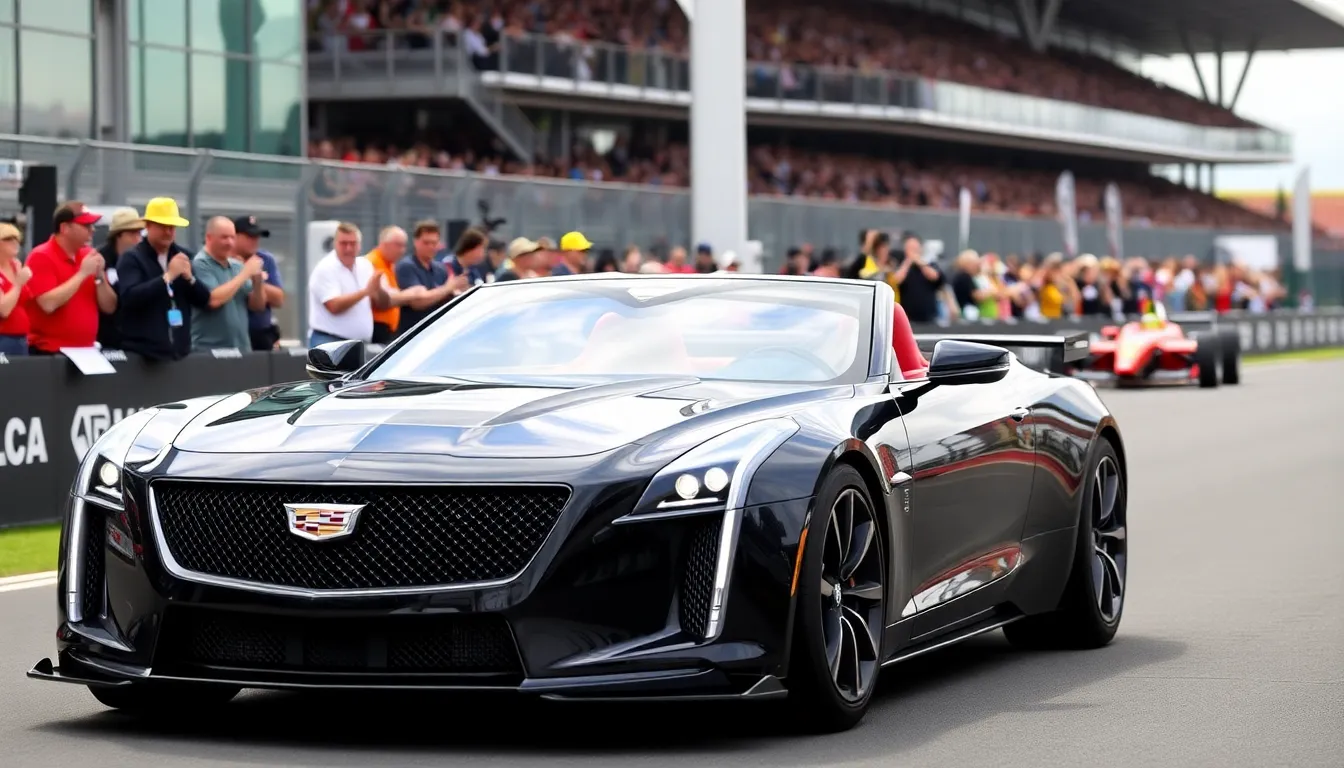 A crowd of enthusiastic fans cheers as Sergio Perez takes the firstever Cadillac vehicle around the iconic Silverstone circuit, showcasing the excitement of the event