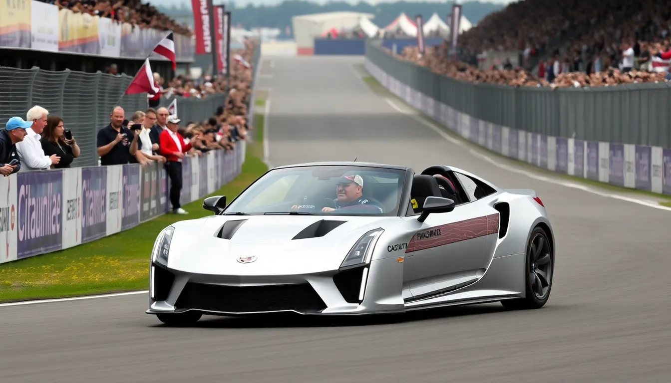 Media representatives capture the moment as Sergio Perez accelerates in the Cadillac, highlighting the significant collaboration between the automotive and racing industries