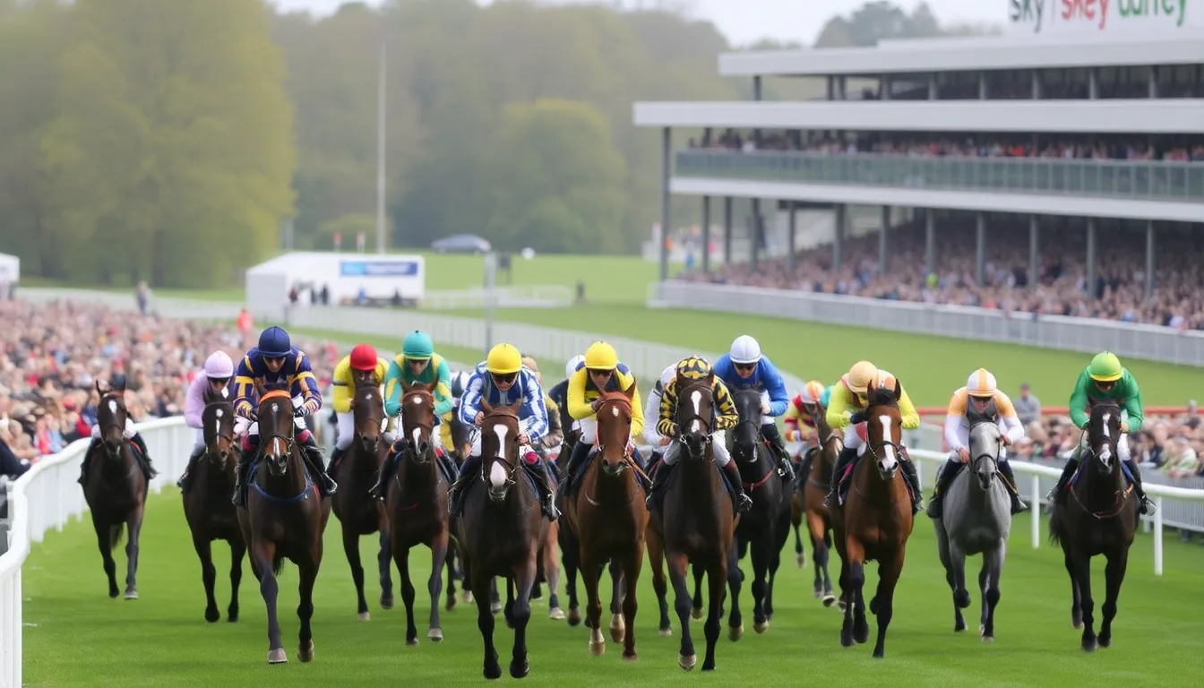 Horses race down the track at Lingfield Park during a lively sevenrace allweather card, with spectators eagerly watching from the stands.