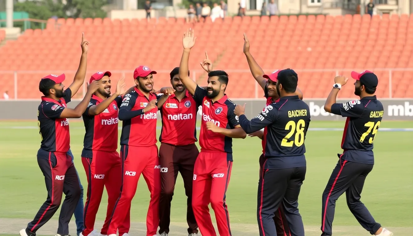 Royal Challengers Bangalore players celebrate on the field after clinching a lastball victory against their rivals in a dramatic match.
