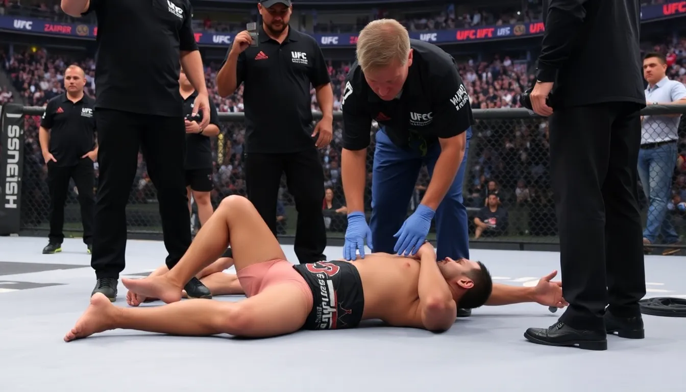 Jesse Smotherman lies on the ground surrounded by medical personnel after collapsing during the weighin for UFC 324.