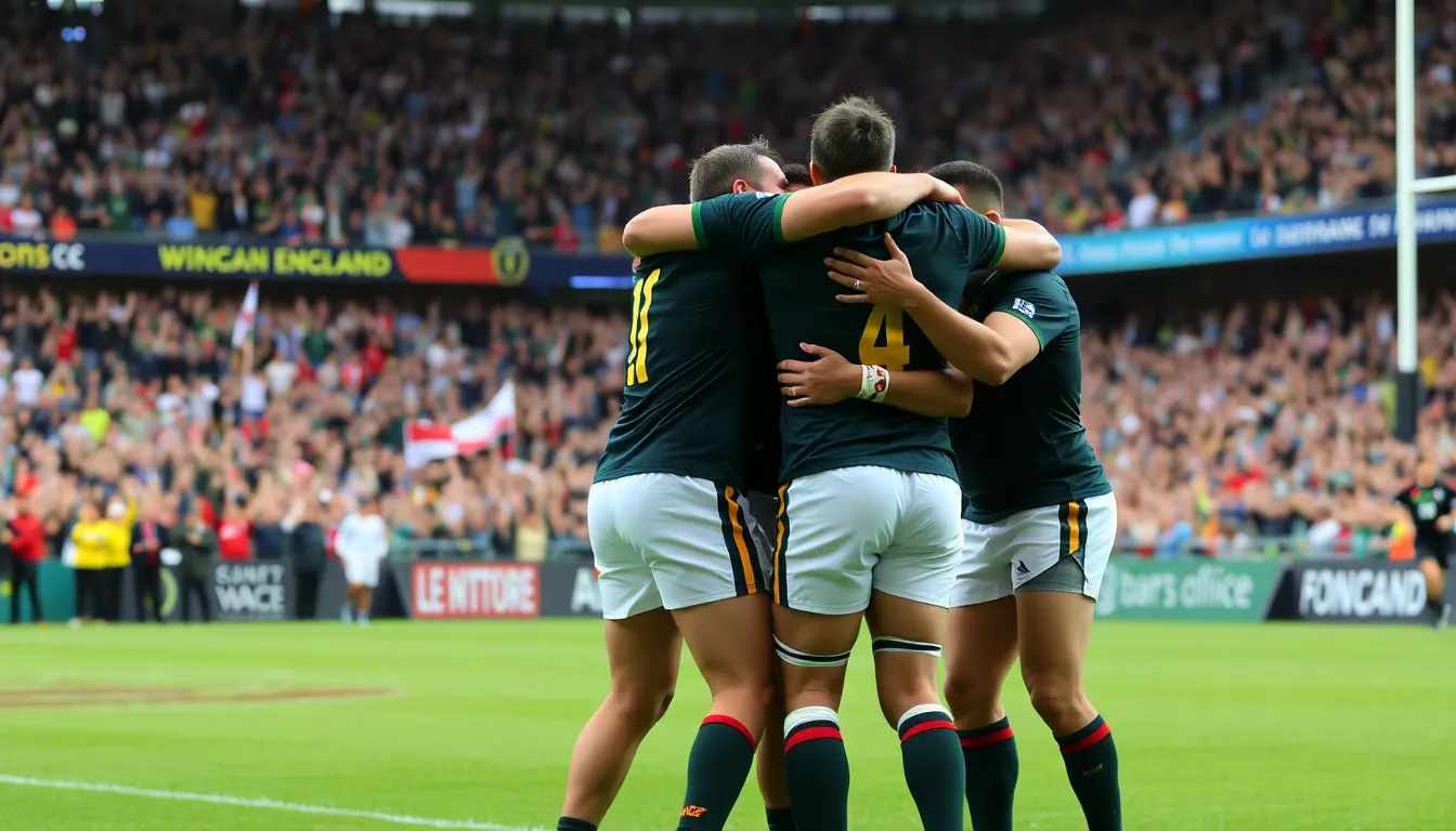 Fans cheer enthusiastically from the stands, displaying their unwavering support for the South African team as they secure a memorable win