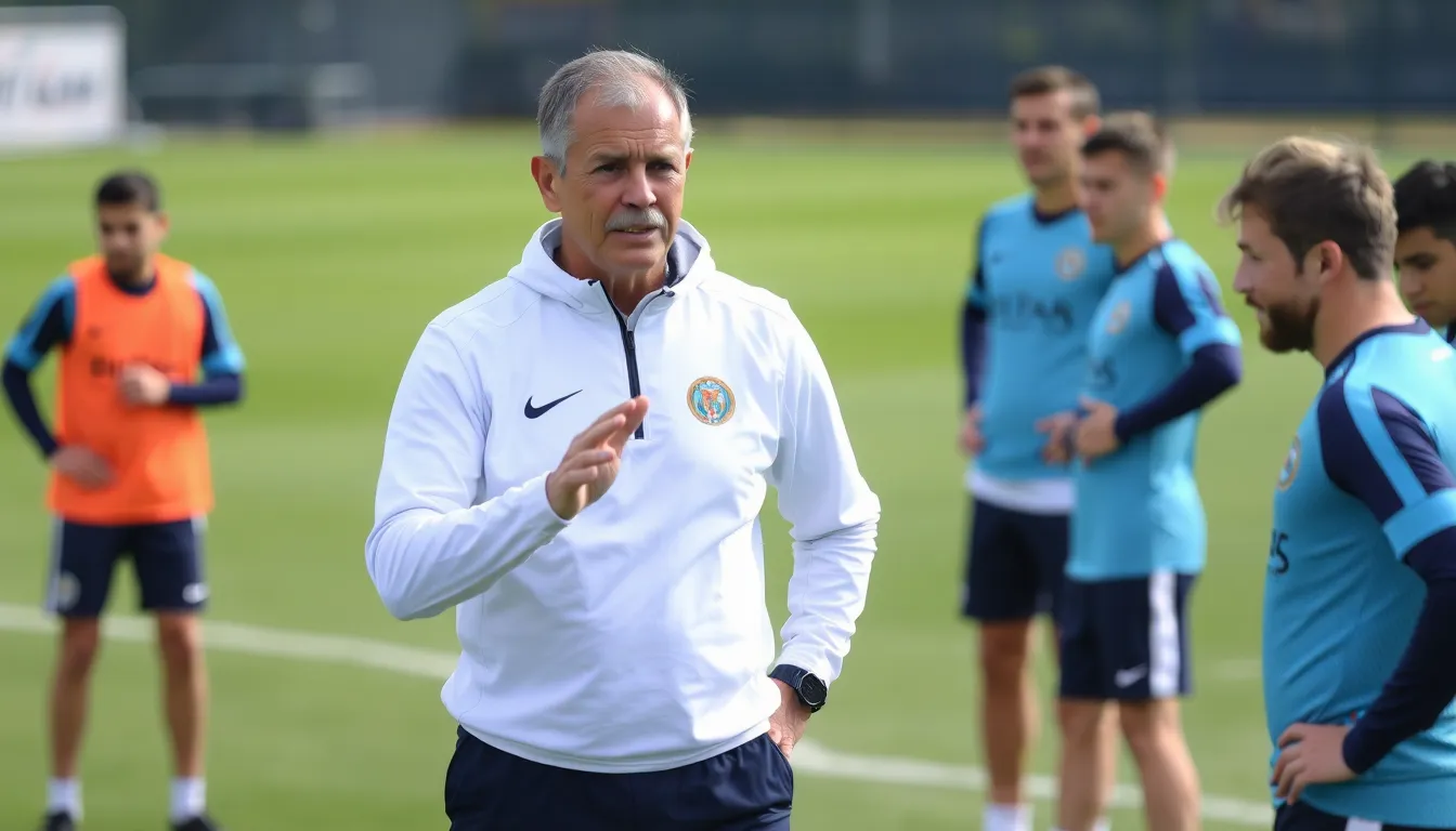 A caretaker manager stands on the sidelines during a tense football match, intently observing the players as they strategize on the field amidst a backdrop of cheering fans.