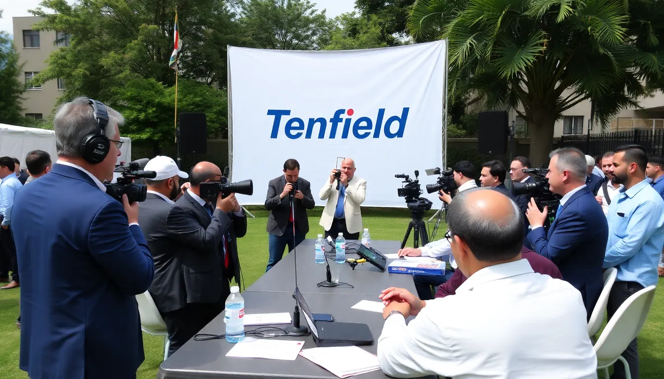 A group of football fans cheer enthusiastically in a stadium, waving flags and wearing team jerseys as they celebrate Tenfield's retention of the Uruguayan league TV production contract.