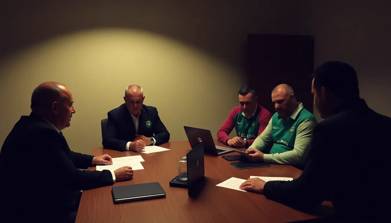 The Hibs management team discussing strategies to retain key players like Bowie amidst ongoing transfer market dynamics