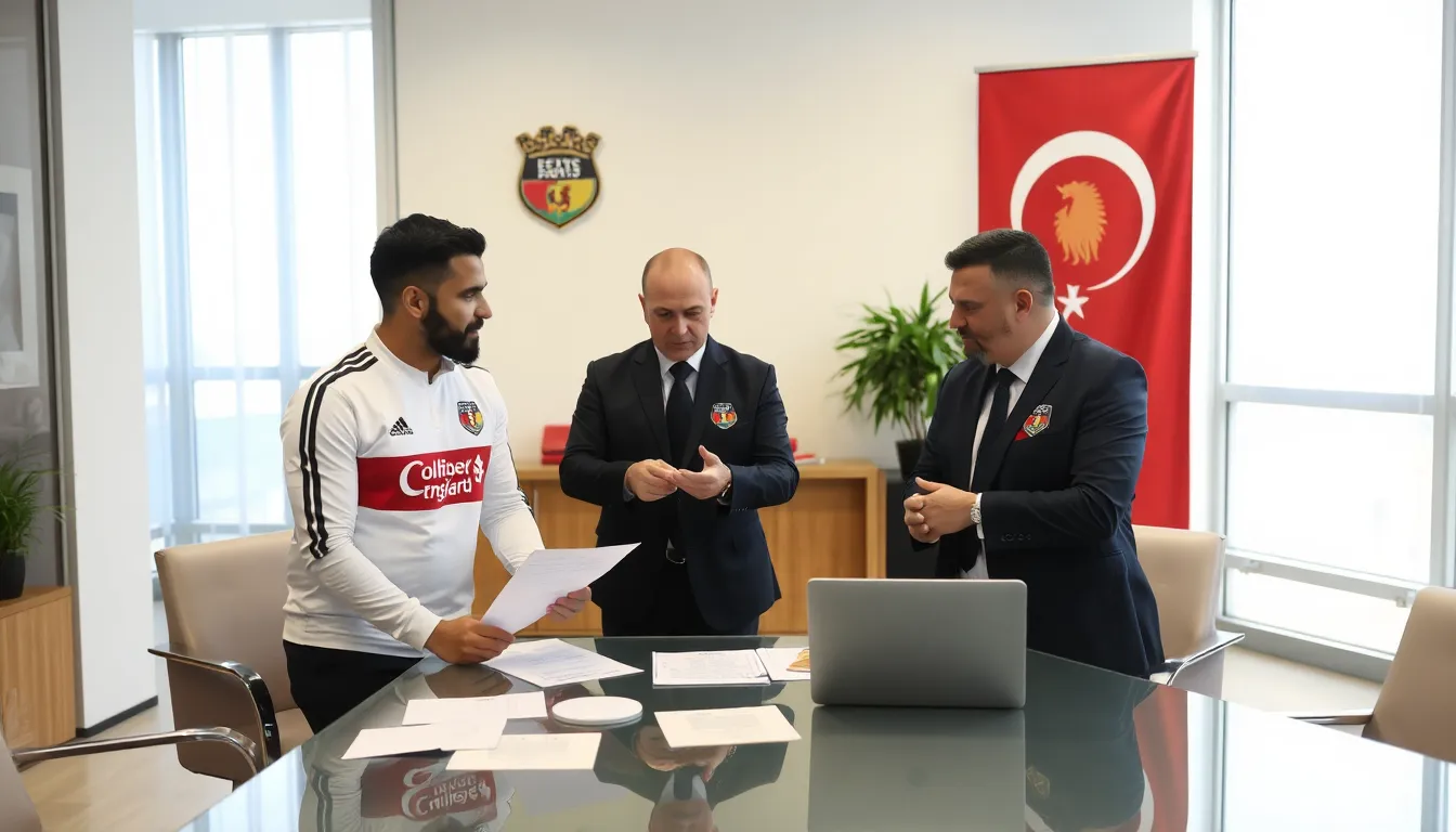Aston Villa officials are seen discussing transfer details in a busy office as they prepare to finalize the signing of striker Tammy Abraham from Besiktas.