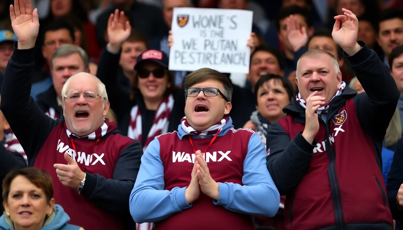 West Ham United supporters gather outside the London Stadium, holding banners and expressing their frustration over the club's management and recent performance struggles.
