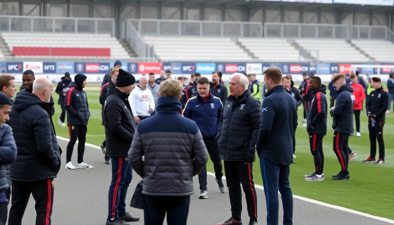 Football club executives and scouts gather in a busy conference room, discussing potential player transfers and strategies for the January 2026 transfer window.