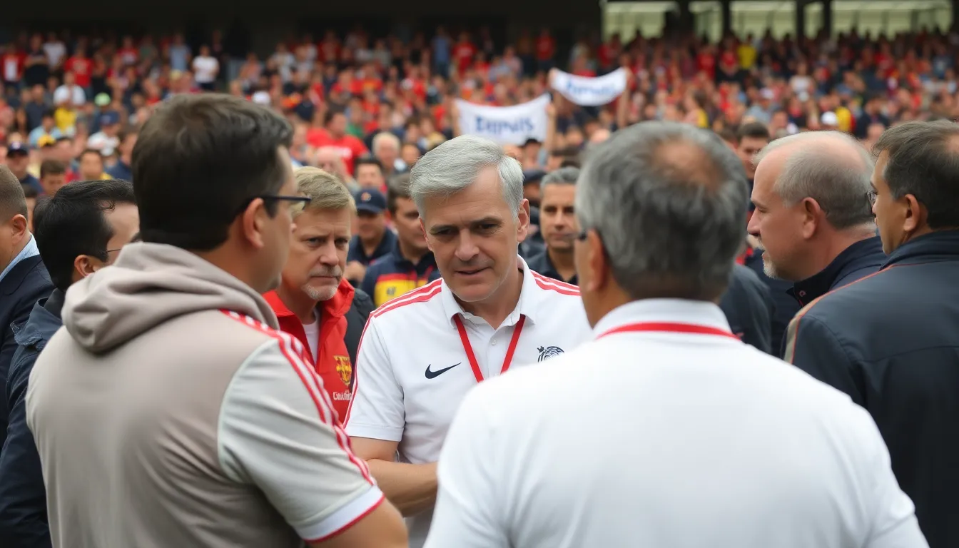 The chaotic scene of players in training, showcasing the confusion stemming from frequent coaching changes and lack of direction
