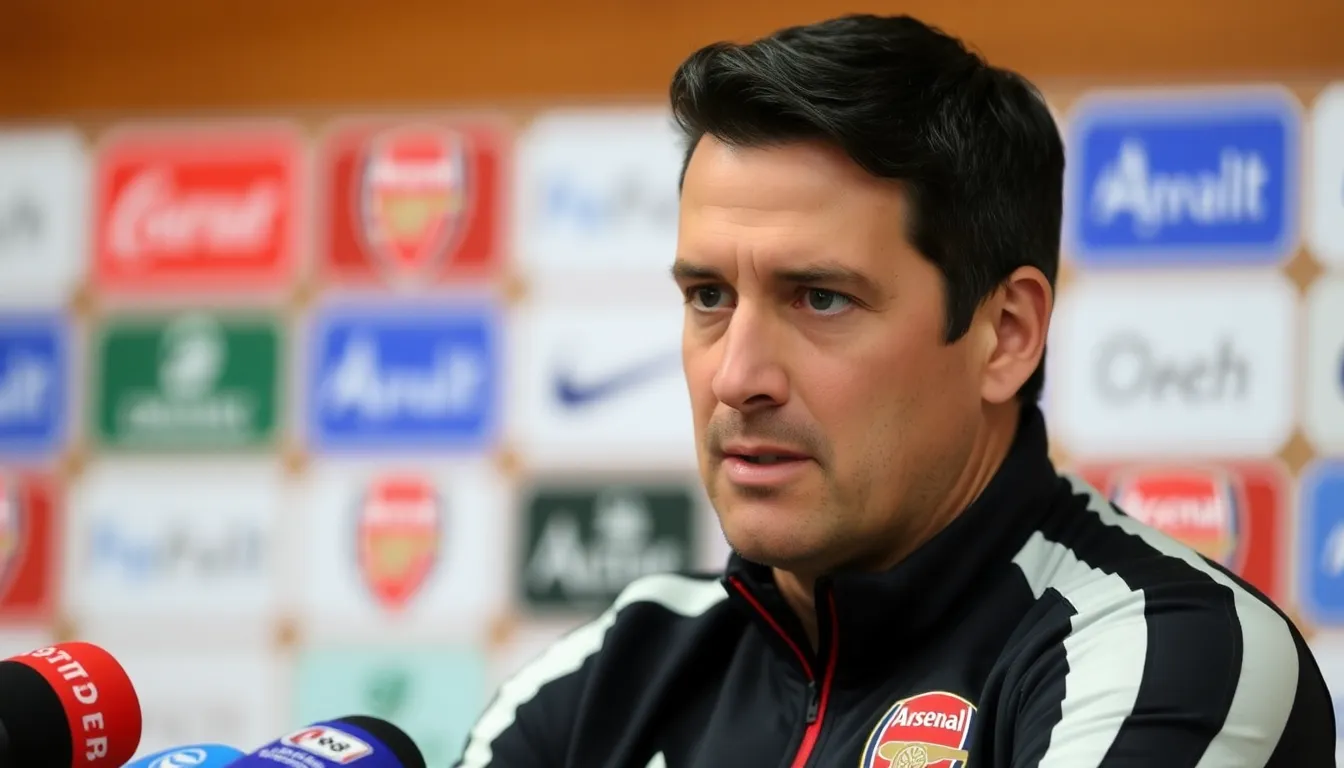 Mikel Arteta stands on the sidelines with a frustrated expression as Arsenal players regroup after conceding a goal during their Premier League match against a rival team.