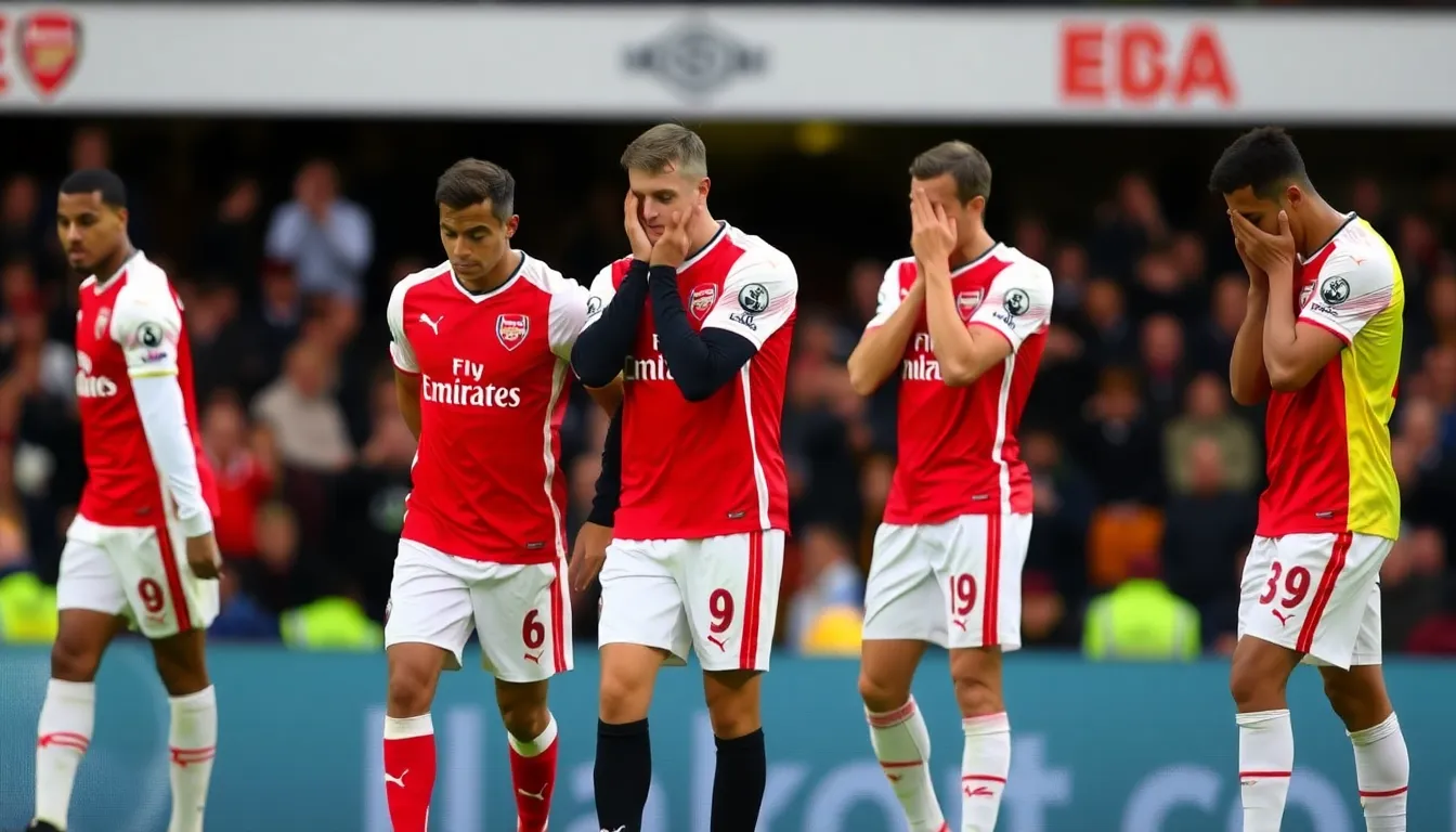 Arsenal players react in disbelief as Wolverhampton Wanderers scores a lastminute equalizer during their Premier League match at the Emirates Stadium.