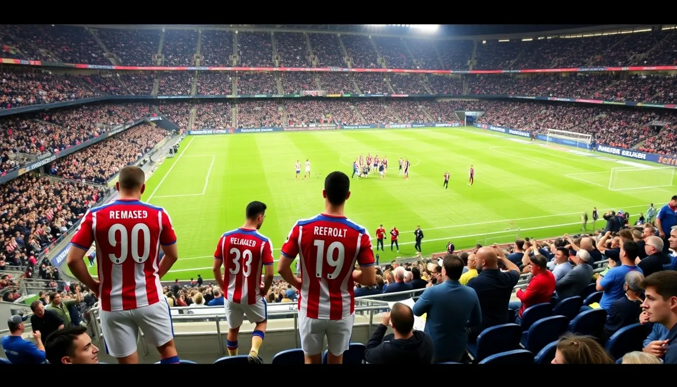 Fans donning Atlético de Madrid jerseys, eagerly anticipating the kickoff as the atmosphere builds in the stadium