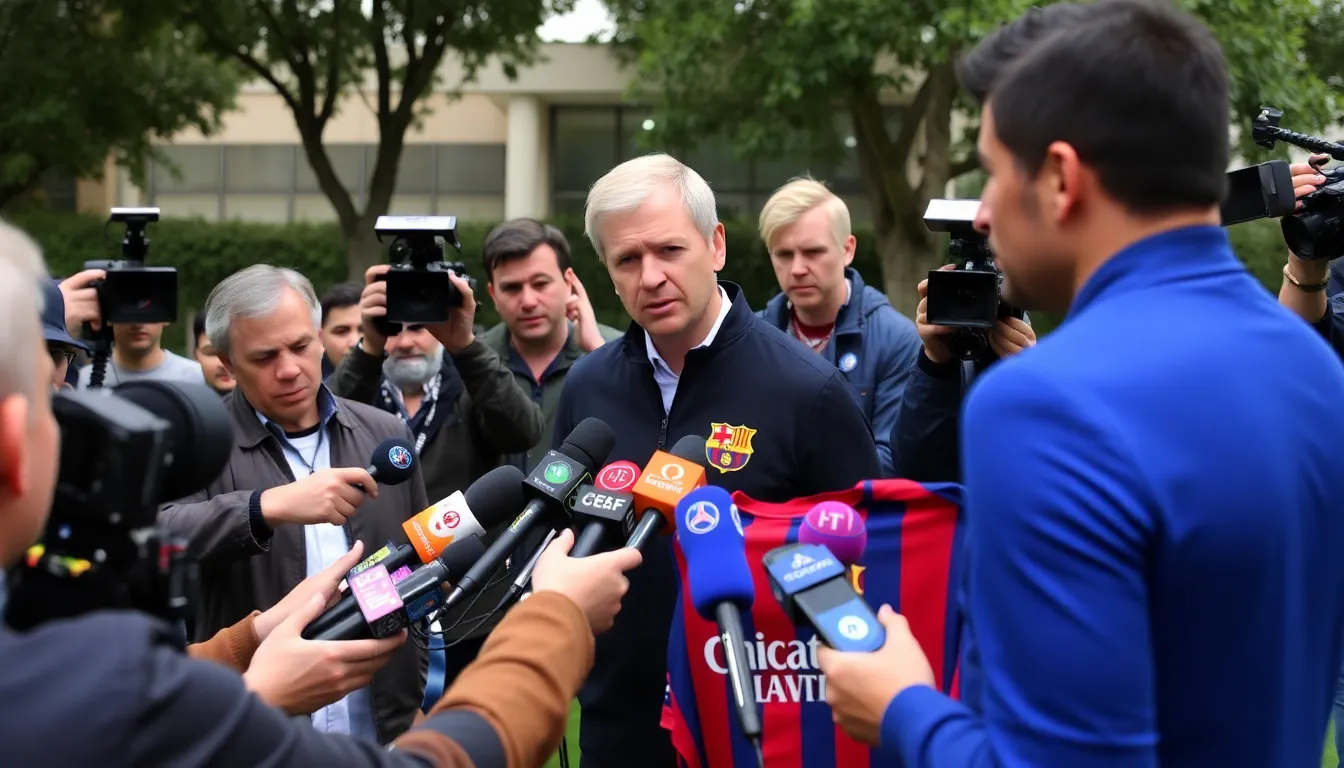 Barcelona president Joan Laporta gestures expressively during a press conference, conveying his disappointment over the recent transfer of a teenage player to Paris SaintGermain.