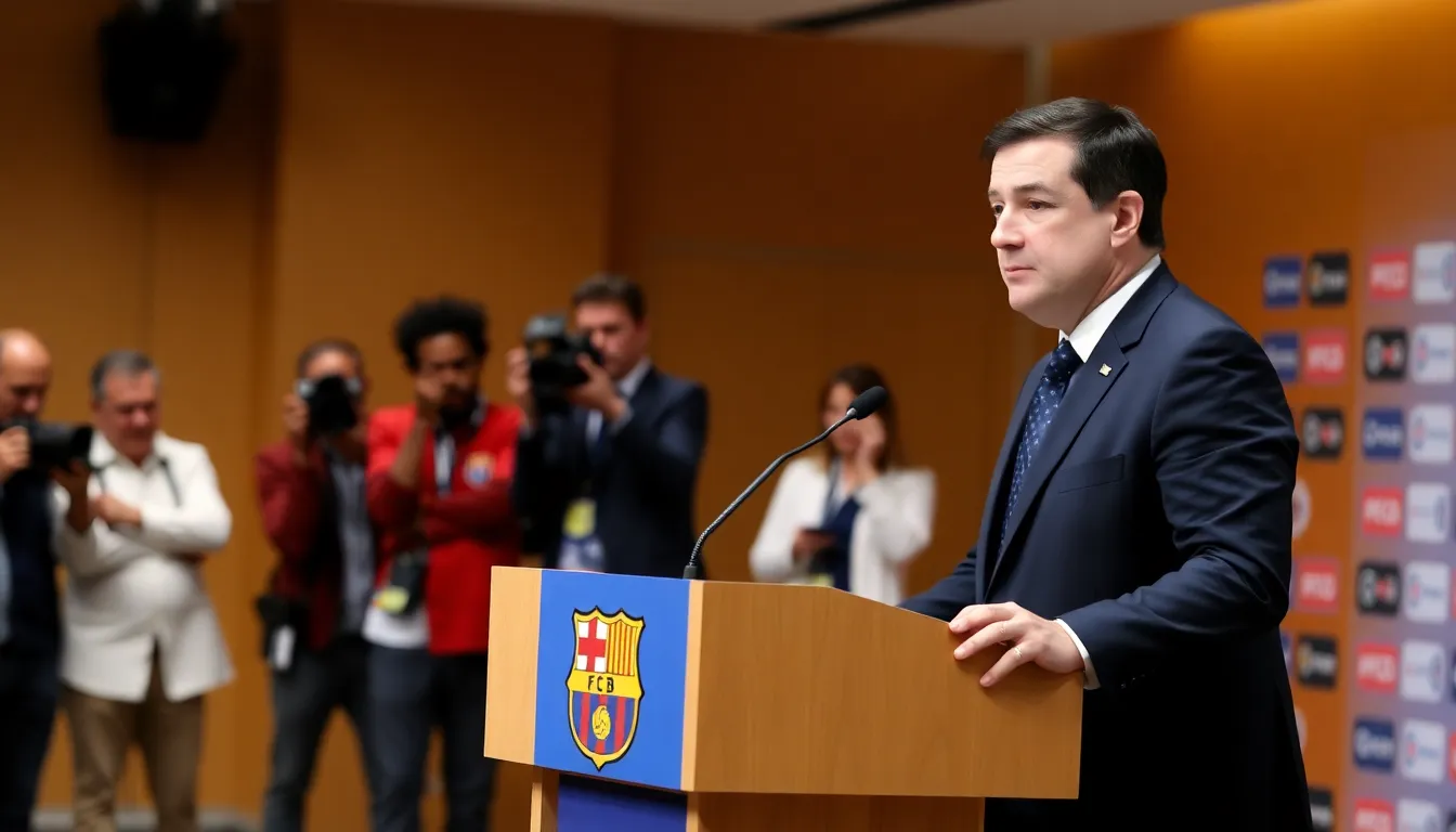 Barcelona president Joan Laporta speaks at a press conference, expressing his concerns about the recent transfer of a young player to Paris SaintGermain, with a backdrop of club banners and reporters in attendance.